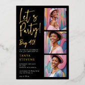 レッツパーティー写真白黒四十金ゴールド 箔招待状 (正面)