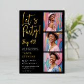 レッツパーティー写真白黒四十金ゴールド 箔招待状 (立ち正面)