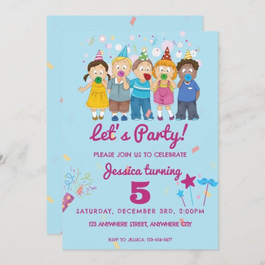 レッツパーティー子供の誕生日パーティー 招待状 (正面/裏面)