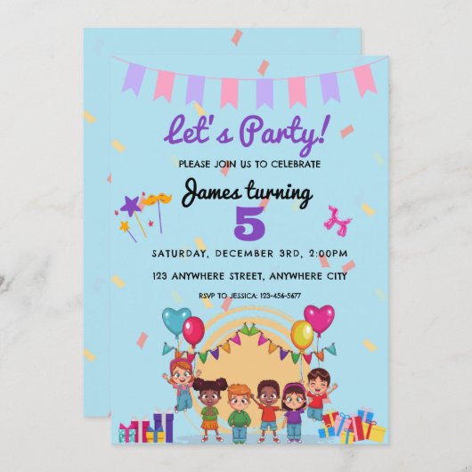 レッツパーティー子供の誕生日パーティー 招待状 (正面/裏面)