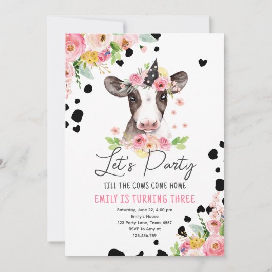 レッツパーティー牛フローラガールファームアニマルズ誕生日 招待状 (正面)