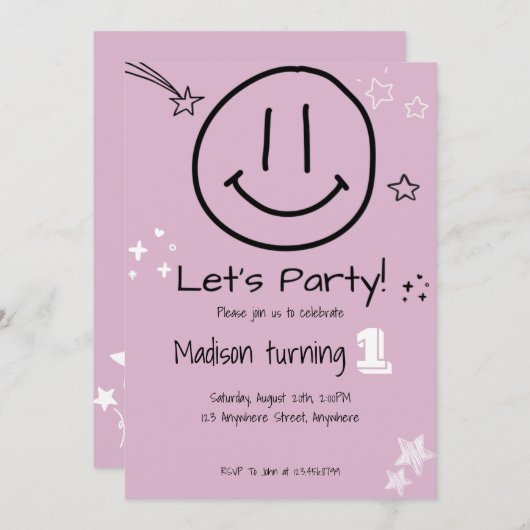 レッツパーティー笑顔顔誕生日招待状 招待状 (正面/裏面)