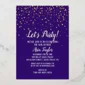レッツパーティー金ゴールド紙吹雪|パープル退職金金ゴールド 箔招待状 (正面)