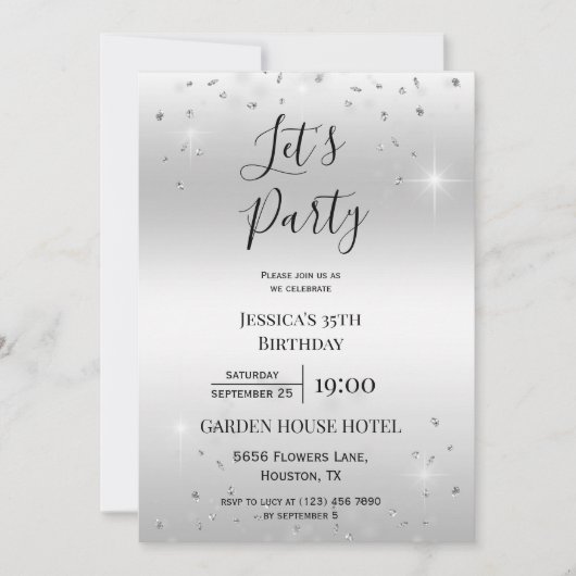 「レッツパーティー」シルバーグリッター&スパークルズ誕生日 招待状 (正面)