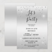 「レッツパーティー」シルバーグリッター&スパークルズ誕生日 招待状 (正面/裏面)