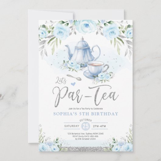 レッツパールティーシルバーベビーブルー誕生日ティーパーティー 招待状 (正面)