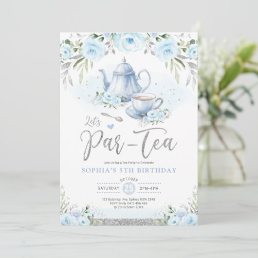 レッツパールティーシルバーベビーブルー誕生日ティーパーティー 招待状 (スタンド正面)