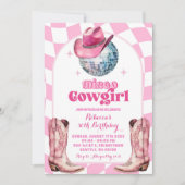 レッツピンクパーティーディスコボール女性のカーボーイ誕生日 招待状 (正面)