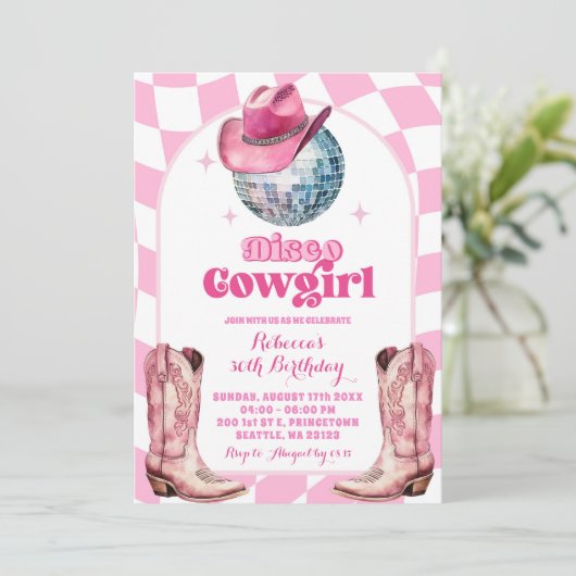 レッツピンクパーティーディスコボール女性のカーボーイ誕生日 招待状 (スタンド正面)