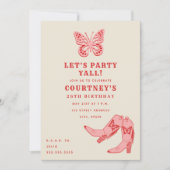 レッツピンクパーティーバタフライ女性のカーボーイブーツ誕生日 招待状 (正面)