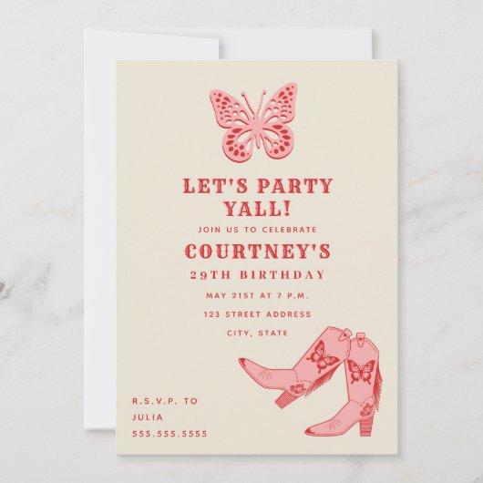 レッツピンクパーティーバタフライ女性のカーボーイブーツ誕生日 招待状 (正面)