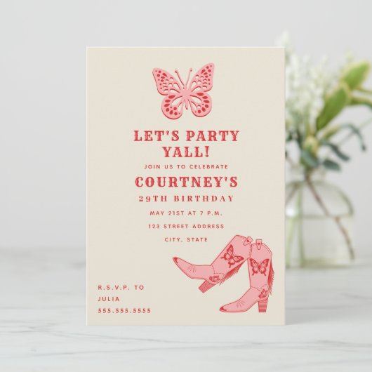 レッツピンクパーティーバタフライ女性のカーボーイブーツ誕生日 招待状 (スタンド正面)