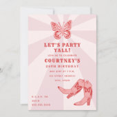 レッツピンク女性のカーボーイブーツバタフライ誕生日 招待状 (正面)