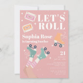 レッツピンク転がのローラースケートで滑る誕生日パーティー 招待状 (正面)