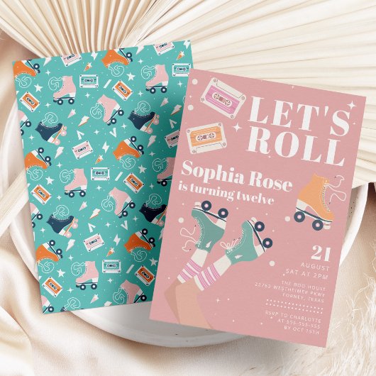 レッツピンク転がのローラースケートで滑る誕生日パーティー 招待状