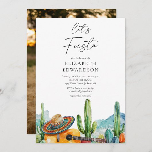 レッツフィエスタウォーターカラーサボットフォトブライダルシャワー 招待状 (正面/裏面)