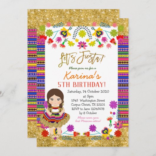 レッツフィエスタガールメキシコ誕生日招待状 招待状 (正面/裏面)