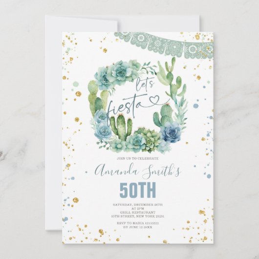 レッツフィエスタブルーサボテンフローラ任意の年齢誕生日 招待状 (正面)