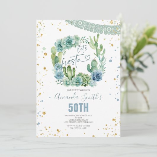 レッツフィエスタブルーサボテンフローラ任意の年齢誕生日 招待状 (スタンド正面)
