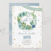 レッツフィエスタブルーサボテンフローラ任意の年齢誕生日 招待状 (正面/裏面)