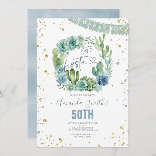 レッツフィエスタブルーサボテンフローラ任意の年齢誕生日 招待状 (正面/裏面)