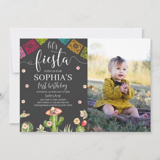 レッツフィエスタ誕生日フォト招待状ブラック 招待状 (正面)