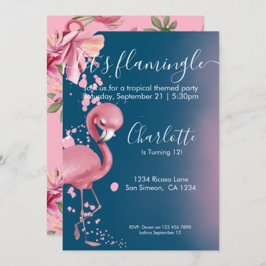 レッツフラミングルトロピカルピンクフラミンゴ誕生日 招待状 (正面/裏面)