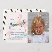 レッツフラミングルフラミンゴピンクフォトガール誕生日 招待状 (正面/裏面)