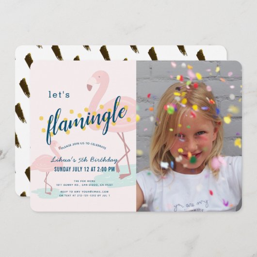 レッツフラミングルフラミンゴピンクフォトガール誕生日 招待状 (正面/裏面)