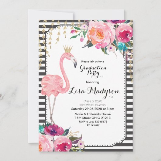 レッツフラミングル卒業パーティー招待状ピンク 招待状 (正面)