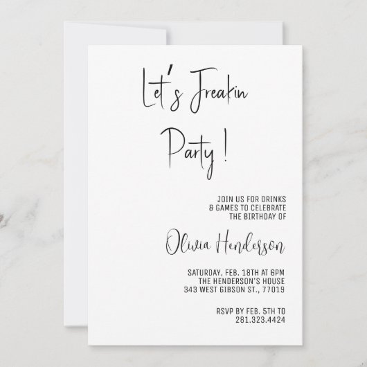 レッツフリーキンパーティー文字メッセージシンプル誕生日 招待状 (正面)