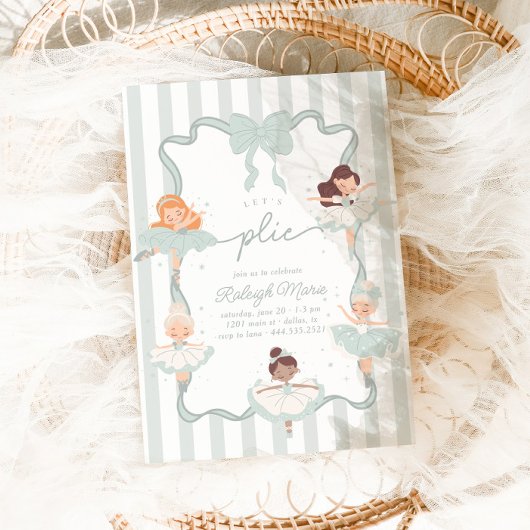 レッツプリエティール(緑がかった色)バレエガールズバレリーナ誕生日 招待状