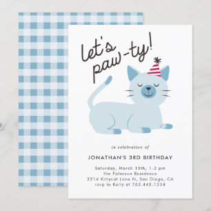 レッツポーティかわいい子猫ブルーの誕生日パーティー 招待状