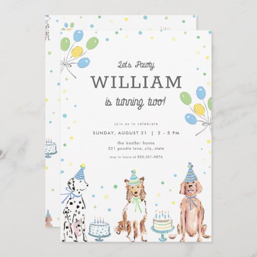 レッツポーティブルーボーイドッグ誕生日招待状 招待状 (正面/裏面)