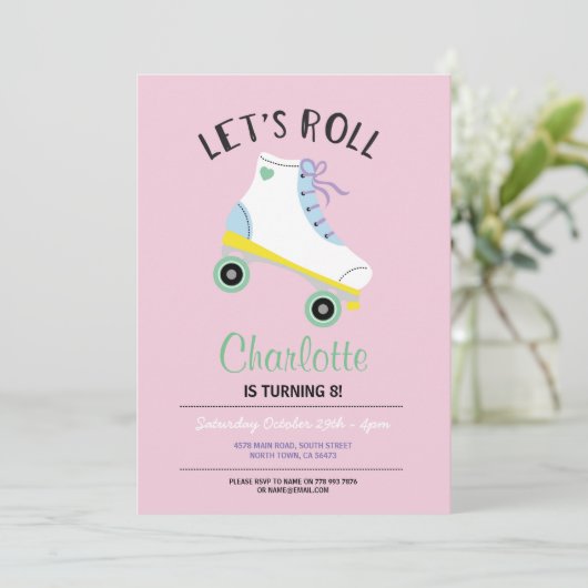 レッツローラースケ転がートガールズピンクパーティー招待状 招待状 (スタンド正面)