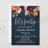 レッツワインパーティーフラワーネイビーアダルト誕生日 招待状 (正面)