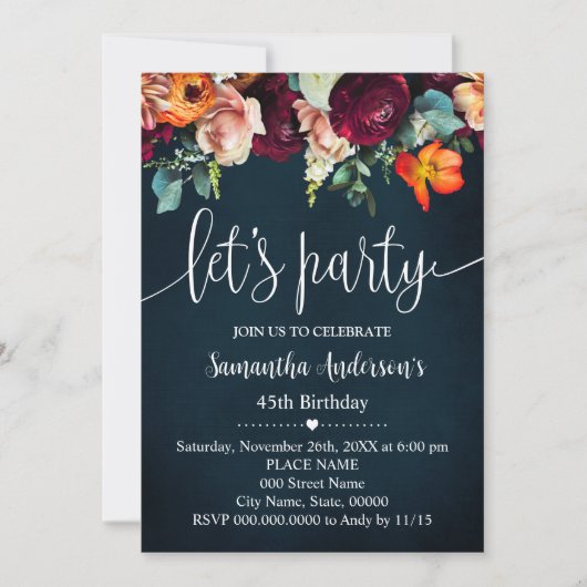 レッツワインパーティーフラワーネイビーアダルト誕生日 招待状 (正面)