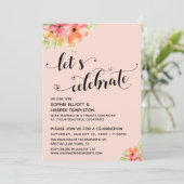 レッツ祝ハートスクリプト花模様赤面ピンク 招待状 (スタンド正面)