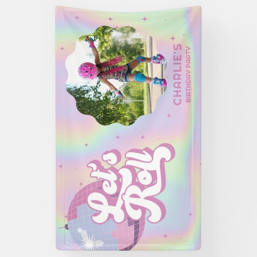 レッツ転がおもしろいレトロローラースケートで滑る女子誕生日 横断幕 (縦)