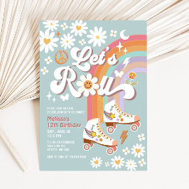 レッツ転がレトロGroovyブルーローラースケート誕生日 招待状