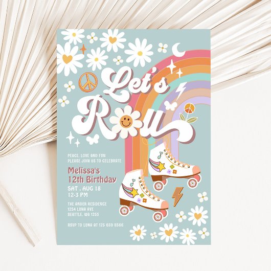 レッツ転がレトロGroovyブルーローラースケート誕生日 招待状