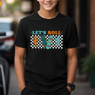 レッツ転がー レトロスケートボ市松模様にードボーイ トライブレンドTシャツ
