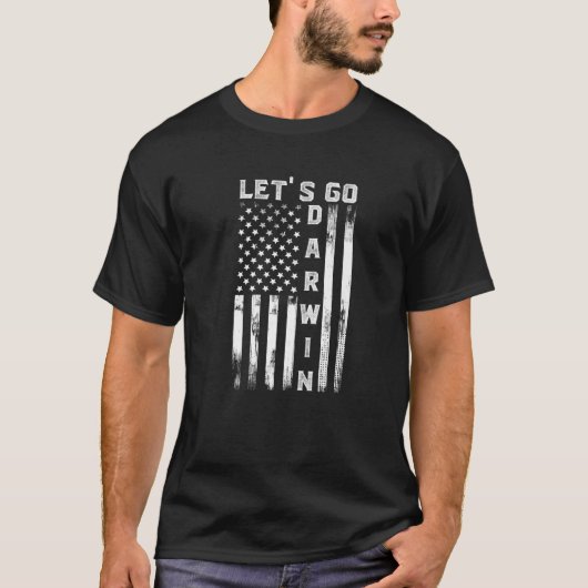 レッツ・ゴー・ダーウィン・アメリカ国旗迷彩柄女性男性レッツ Tシャツ (正面)