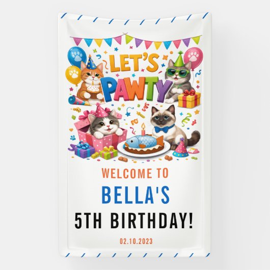 レッツ・パーティー・キャット 5歳の誕生日 | かわいい子猫の誕生日 横断幕 (縦)