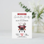 レッドおもしろいスシンプルクリプト卒業BBQ招待状 ポストカード (スタンド正面)