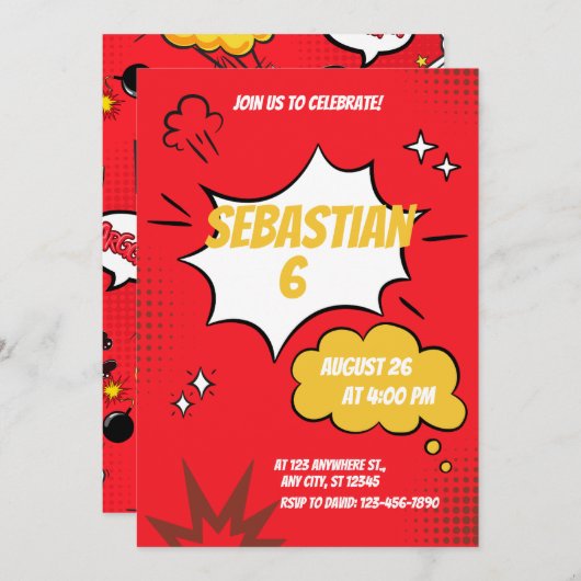 レッドおもしろい漫画ブックスタイル 招待状 (正面/裏面)