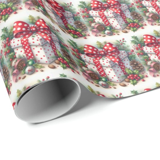レッドかわいらしホワイト水玉模様コケットボウアンドホリー ラッピングペーパー (ロールコーナー)