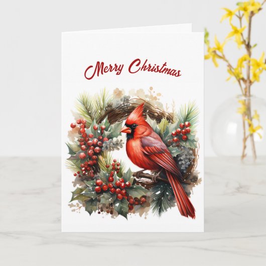 レッドかわいらし(鳥)ショウジョウコウカンチョウイラストレーションクリスマス カード (黄色い花)