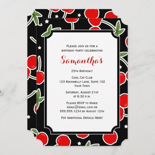 レッドさくらんぼとスターレトロのダイカット誕生日パーティー 招待状 (正面/裏面)