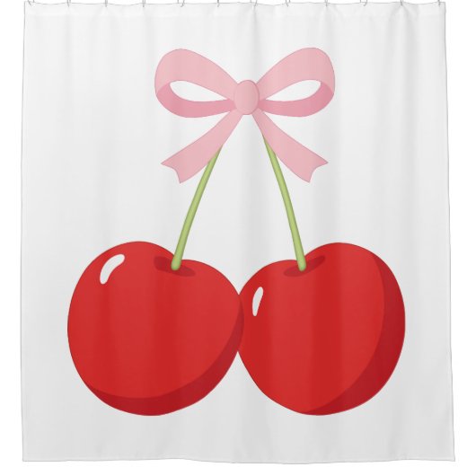 レッドさくらんぼとピンクボウコケットコテージシック シャワーカーテン (正面)